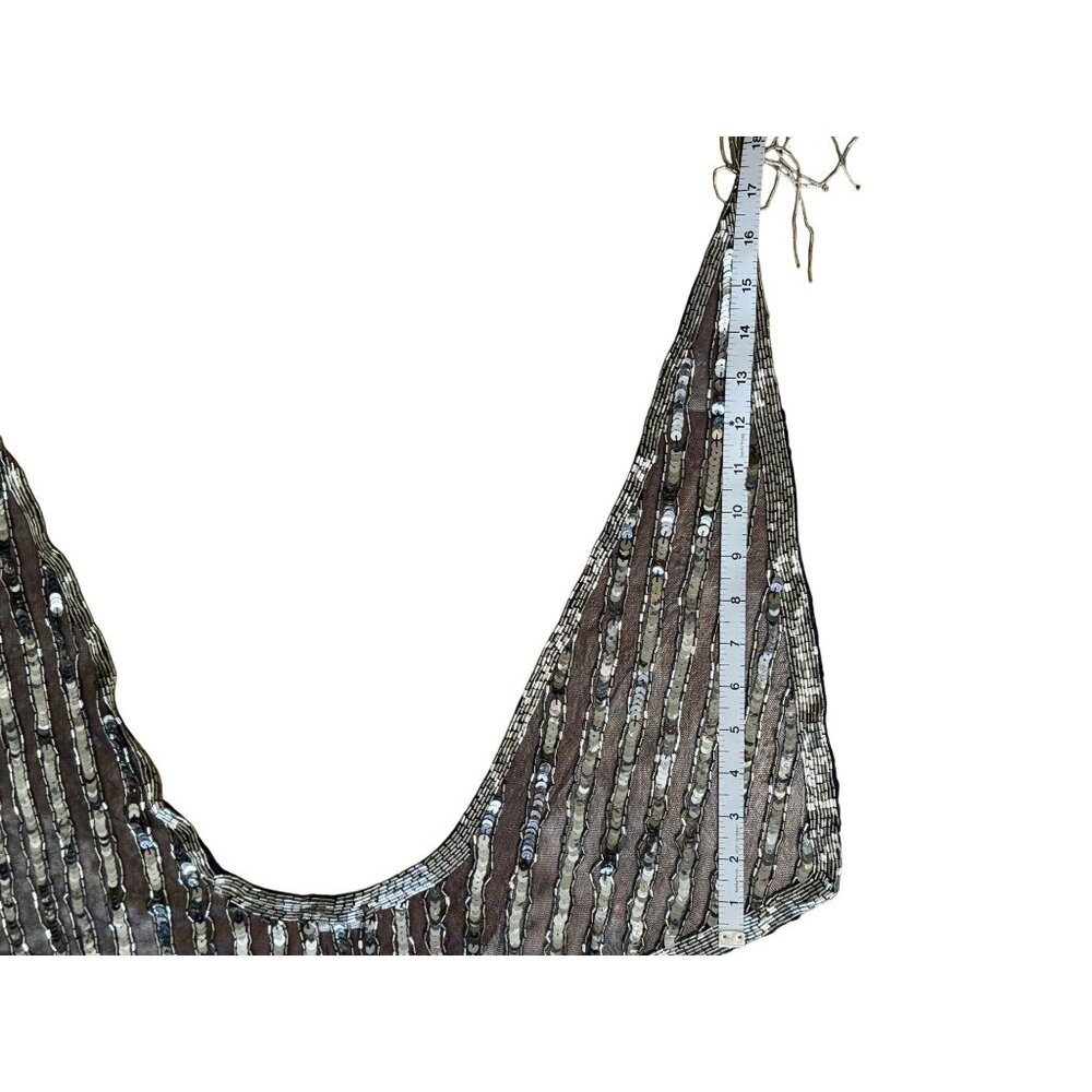 Blue Mesh Silver Sequin Glass Beaded Triangle Shawl Wrap Fringe 23" - Picture 5 of 11
